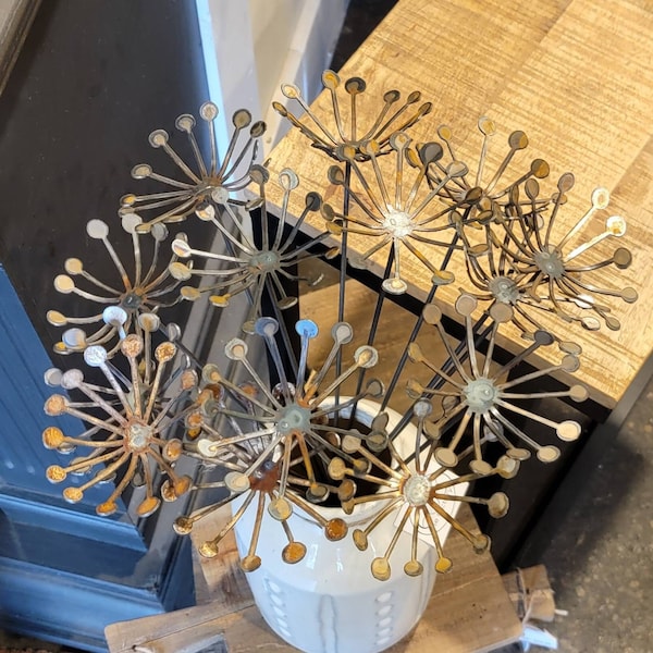 Set of 12 Raw Metal Dandelion, 1 Dozen Flower Stems, Home decor, garden art,