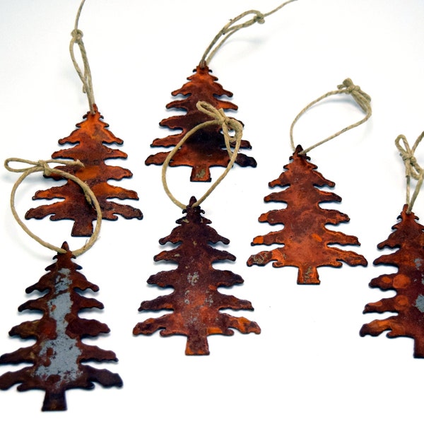 RUSTED CHRISTMAS TREE Set of 12 Plasma Cut Metal Ornaments, Trees, Gift Toppers, Christmas Stars, Craft Supplies, Rustic, Made in America