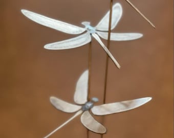 Set of 3 Dragonflies Raw Metal Flower Pot Garden Stems Home Decor Garden Art Yard Art Metal Yard Art Dragonfly