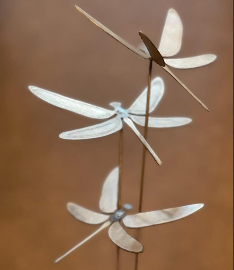 Set of 3 Dragonflies Raw Metal Flower Pot Garden Stems Home Decor Garden Art Yard Art Metal Yard Art Dragonfly image 1
