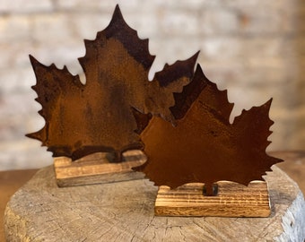 Maple Leaf Fall Leaves Rusted Metal Handmade Fall Decor Set of 2