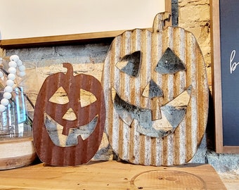 Old Barn Tin Jack O' Lantern Pumpkin Corrugated Metal Sign, Farmhouse Fall Decor - Multiple finishes available