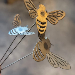 Set of 3 Bumble Bee Raw Metal Garden Stakes Home Decor Metal Garden Art Yard Art Metal Yard Art Bumblebee Garden Decor