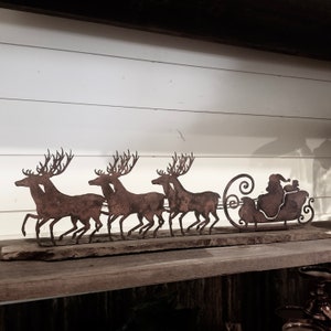 Rusty Metal Santa Sleigh with Reindeer Stand