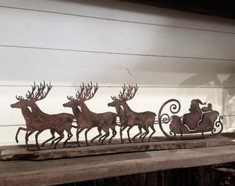 Rusty Metal Santa Sleigh with Reindeer Stand