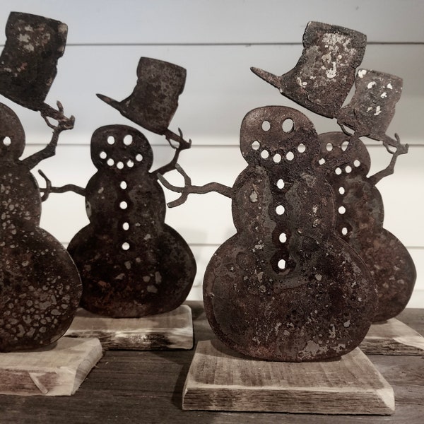 Snowman Rusty Metal Stand Winter Decor Holiday Decor Handmade Farmhouse Decor Primitive Decor Prims