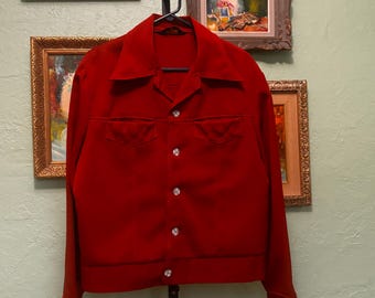 Vintage 1970s National Western Disco Jacket XL | Brick Red Trucker Style Leisure Jacket | Retro Mens Polyester Overshirt