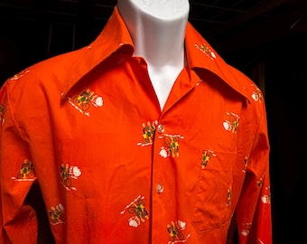 Vintage Valentino Embroidered Floral Disco Shirt | 1970s Orange Button Up | Retro Italian Style Mens Shirt M