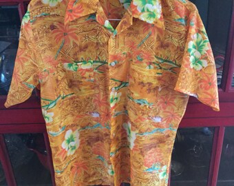 Vintage Waikiki Holiday Hawaiian Shirt | 70s Tropical Aloha Shirt | Orange Tiki Print | Polyester Disco Shirt | Made in Korea