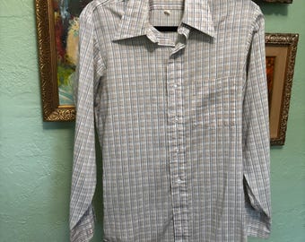 Vintage 70s Plaid Dress Shirt | White Blue Windowpane Button Up | Retro Long Point Collar | Men's Vintage Shirt Size 15-33