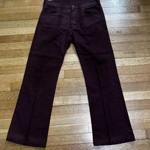 May include: A pair of dark burgundy corduroy pants with a straight leg and a button fly.