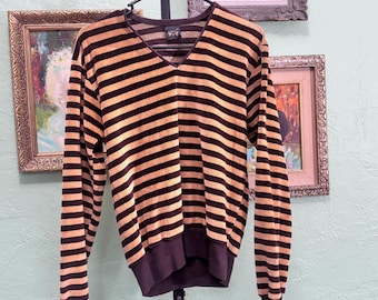 Vintage Le Tigre Striped V-Neck Pullover | Brown Tan Knit Sweater | 80s Preppy Long Sleeve | Retro Tennis Sweater | Medium M