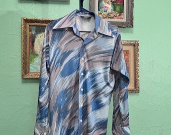 Vintage 1970s Pierre La Grande Abstract Disco Shirt | Painterly Blue Polyester Button Up | Retro Mens Art Print Shirt M