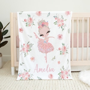Personalized Ballerina Blanket: Watercolor Floral Minky Baby Blanket
