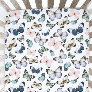 Soft Butterflies Crib Sheet | Butterfly Baby Nursery | Blush & Blue Baby | Floral Nursery | Baby Girl Nursery Bedding | Baby Shower Gift