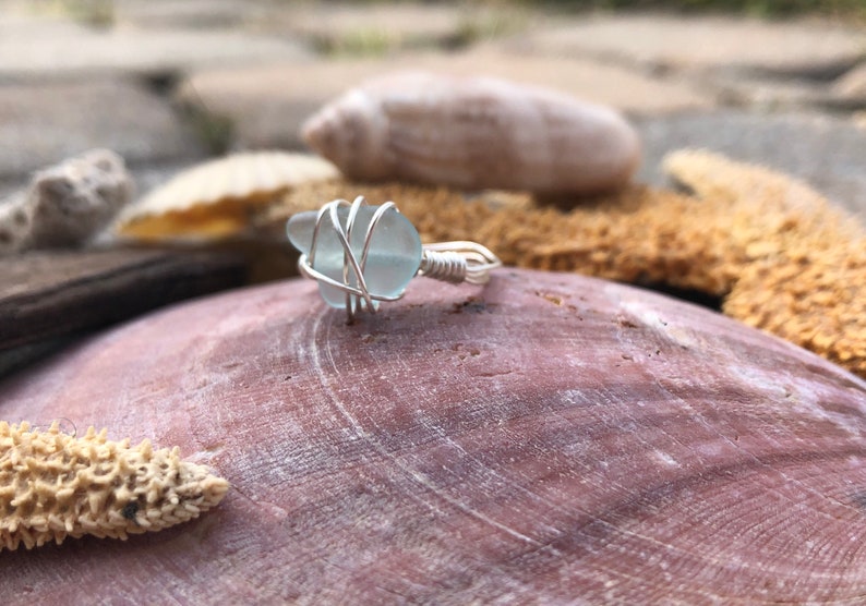 Beach Light Blue Sea Glass Ring Shore Wire Ring Gemstone Ocean