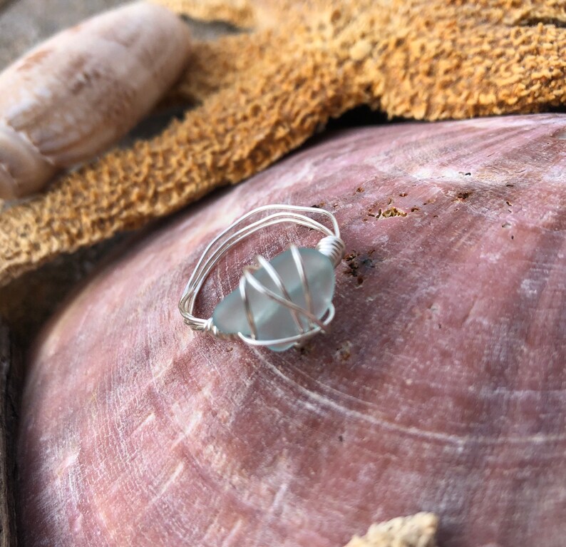 Beach Light Blue Sea Glass Ring Shore Wire Ring Gemstone Ocean