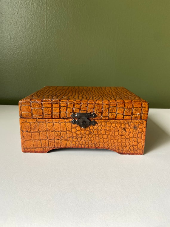 Camel colored embossed leather jewelry box