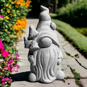 Alabaster The Garden Gnome - Concrete Statue - Natural Patina/Unpainted, Indoor/Outdoor, Handmade by The Pink Cadet Garden™- Free shipping