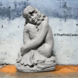 Handmade Mermaid Concrete Statue: 7” Handcrafted Sculpture - Gray / White - Indoor/Outdoor Home Decor