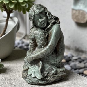 Mermaid Statue Coastal Decor | Beach Bathroom Shelf Accent Ocean Figurine | Zen Garden Ornament | Gift for Garden Lover | Nautical Art