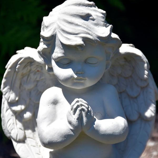 Baby Angel Kneeling in Pray - Concrete Garden Statue, Natural Patina, Indoor/Outdoor, Handmade by The Pink Cadet Garden™- Free shipping