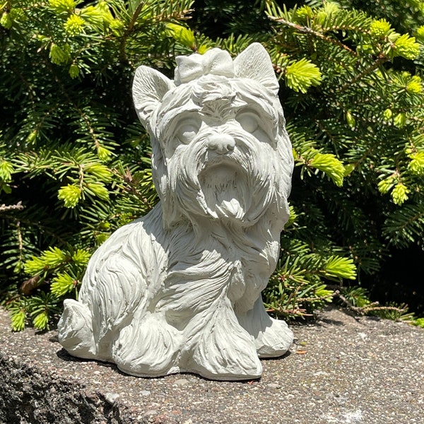 Puppy with Bow Concrete Garden Statue - Small Dog Figurine, Natural Patina, Indoor/Outdoor Home Decoration, Handmade in USA - Free shipping