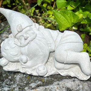 Gnome Sleeping on a Button Mushroom - Concrete Garden Statue, Natural Patina/Unpainted, Indoor/Outdoor, Handmade - Free shipping