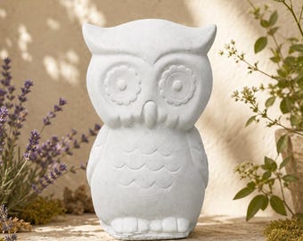 Concrete Owl Statue, Light Grey Cast Stone Garden Decor, Handmade Bird Figurine, Indoor Outdoor