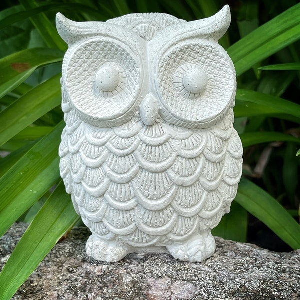 Guardian Owl Concrete Garden Statue - Indoor/Outdoor Figurine - Natural Patina/Unpainted, 100% Handmade in USA - Free shipping