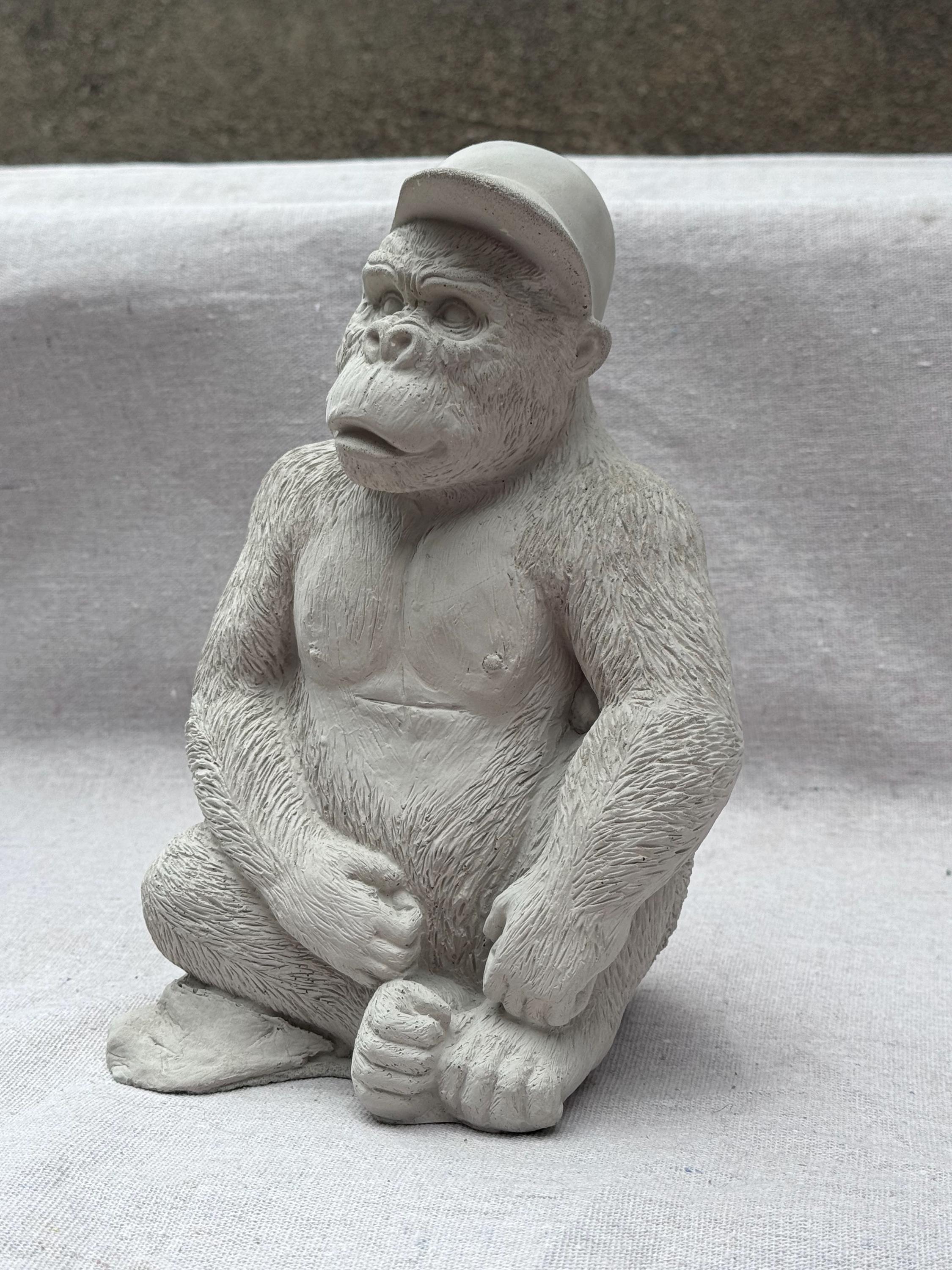 Handmade Concrete Monkey Statue | Ape Figurine in Red Cap, Home