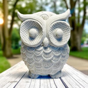 Handmade Concrete Owl Statue – Rustic Garden Sculpture, 4” Figurine for Zen Spaces