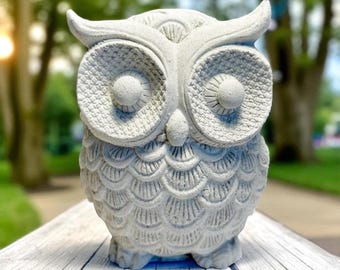 Handmade Concrete Owl Statue – Rustic Garden Sculpture, 4” Figurine for Zen Spaces