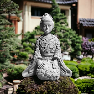 Handmade Concrete Geisha Statue: Japanese Zen Garden Decor, Natural Patina Asian Decor