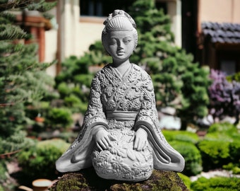 Kyoto's Meditating Geisha in a Japanese Garden, Concrete Statue, Natural Patina, Indoor/Outdoor, Handmade by The Pink Cadet™- Free shipping