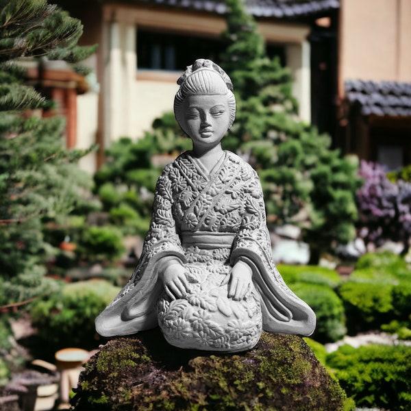 Kyoto's Meditating Geisha in a Japanese Garden, Concrete Statue, Natural Patina, Indoor/Outdoor, Handmade by The Pink Cadet™- Free shipping