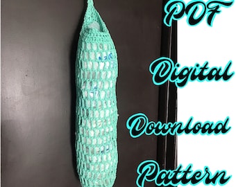 May include: A teal crochet bag hanging on a door with the text "PDF Digital Download Pattern" in turquoise.