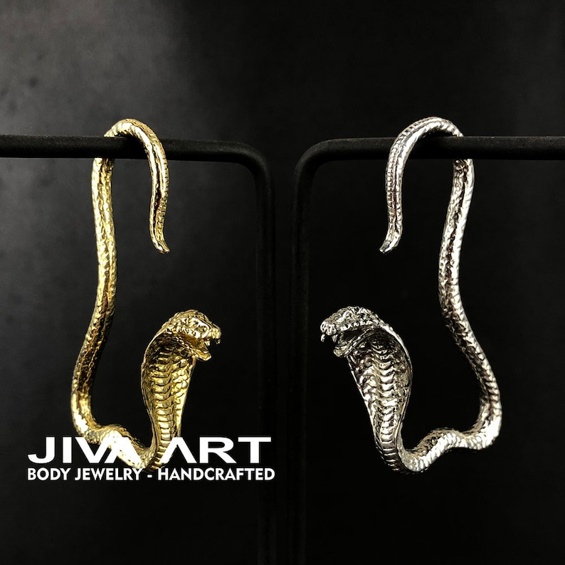 Cobra Snake Earrings, Cobra Snake Ear Weights, Cobra Snake Gauge Earrings, Snake Hoop Earrings, Brass Ear Weights, White Brass Ear Weights image 1