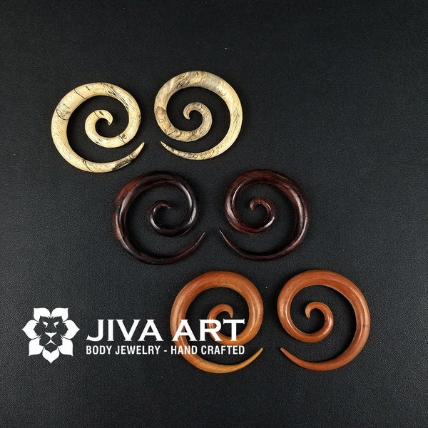 Wood stretched ears lobes hoop earrings Super spiral ear gauges weights Wooden plugs earrings Hand carved price per pair 8g 6g 4g 2g 0g 00g