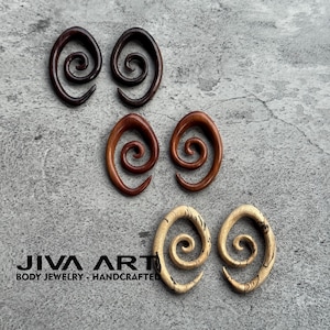 Wood stretched ears lobes hoop earrings Oval spiral ear gauges weights Wooden plugs earrings Hand carved price per pair 8g 6g 4g 2g 0g 00g