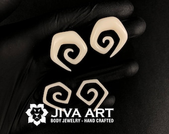 White bone stretched ears lobes Hoop earrings spiral Ear gauges weights Bone plugs earrings Hand made price per pair 12g 10g 8g 6g 4g 2g 0g