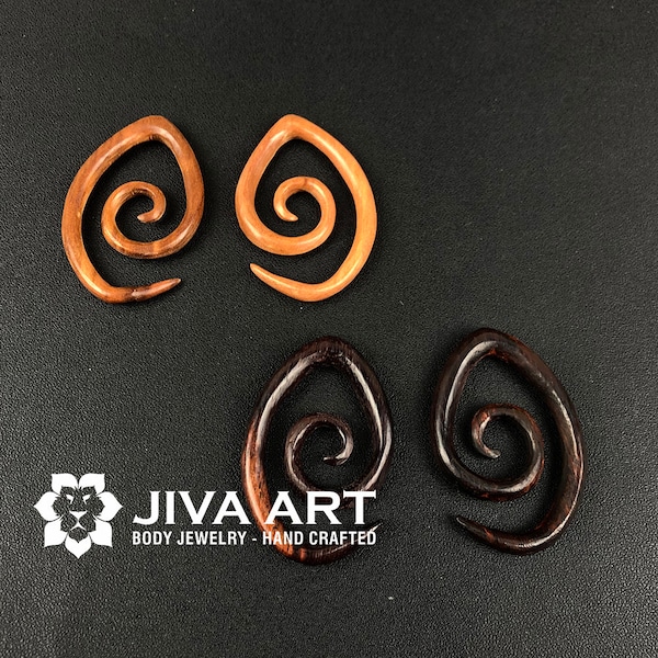 Wood stretched ears lobes hoop earrings Oval spiral ear gauges weights Wooden plugs earrings Hand carved price per pair 8g 6g 4g 2g 0g 00g