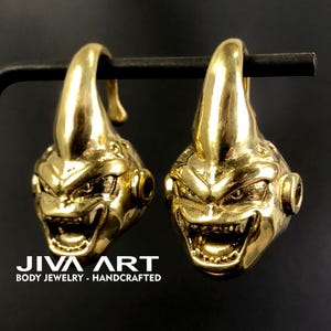 Pair of Majin Buu brass ear weights, Kid Buu ear hangers, brass ear gauges, brass ear stretchers