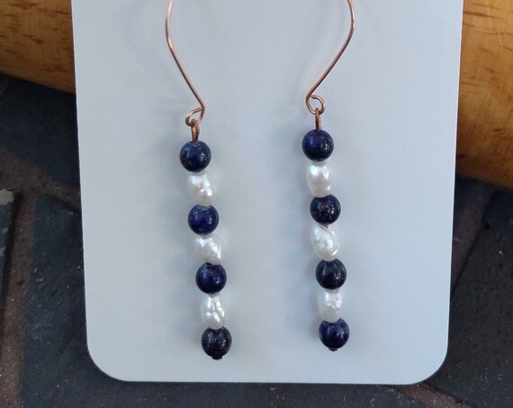 Hand Hammered Rose Gold Filled Lapis and Pearl Earrings