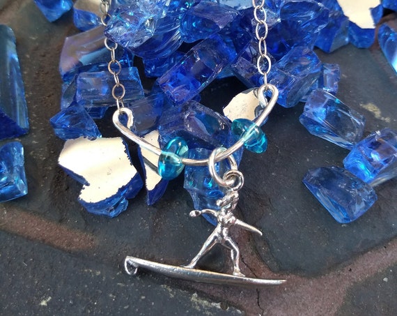 Sterling Silver Surfer Girl Necklace on Hand hammered Bar with Blue Glass Bead