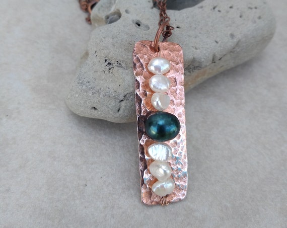 Hand Hammered Copper and Freshwater Pearl Necklace