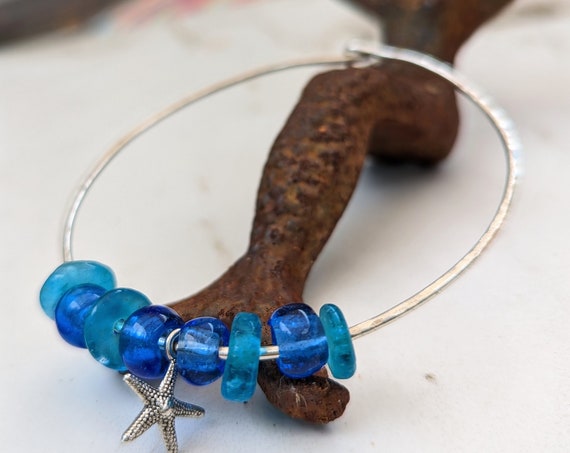 Hand Hammered Silver Bracelet with Ghana Glass Beads and Starfish