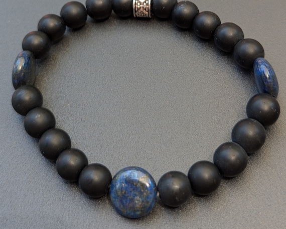 Hand Beaded Bracelet with Onyx and Lapis Beads
