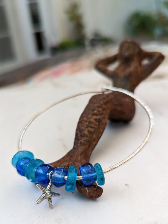 Hand Hammered Silver Bracelet with Ghana Glass Beads and Starfish