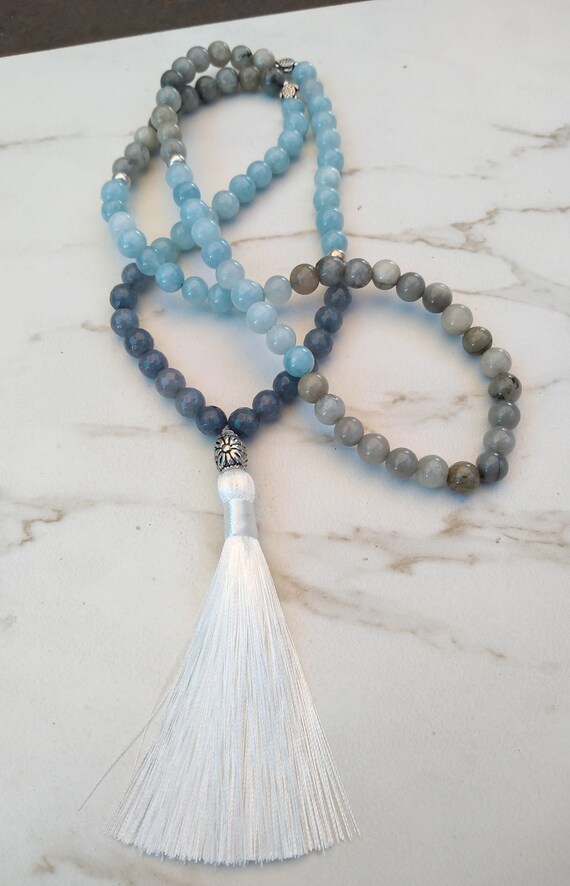 Hand Beaded Agate and Blue Jade Necklace with Turtles